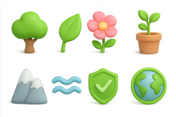 Cute 3d nature icons featuring trees, flowers, mountains, and earth elements