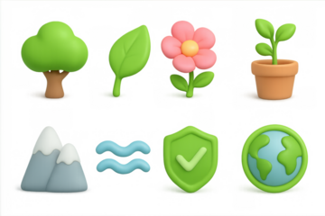 Cute 3d nature icons featuring trees, flowers, mountains, and earth elements