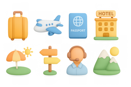 3d travel icons set: airplane, hotel, passport, and more
