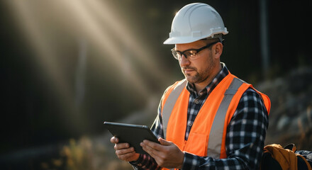 A professional construction engineer in a hard hat and high-visibility vest reviews plans on a digital tablet outdoors.