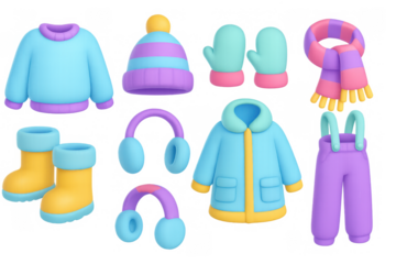 Colorful 3d winter clothing collection: jackets, hats, and accessories