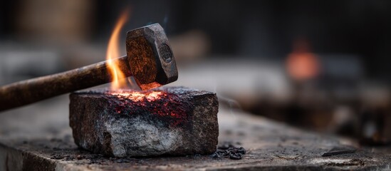 Blacksmithing a hammer rests on hot metal glowing with flames, smoke visible