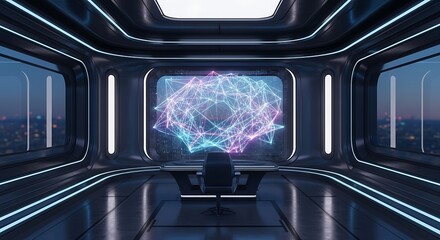 Futuristic command center with digital interface for strategy analysis