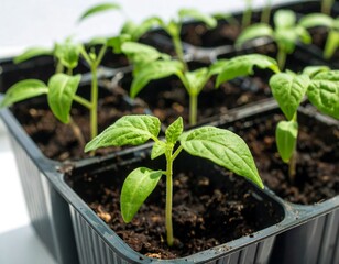 Young tomato seedlings in a plastic tray