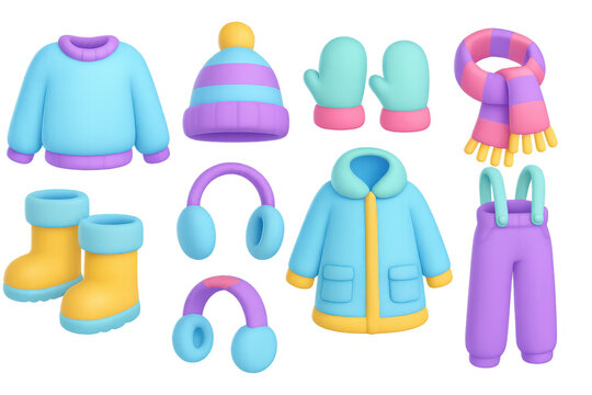 Colorful 3d winter clothing collection: jackets, hats, and accessories