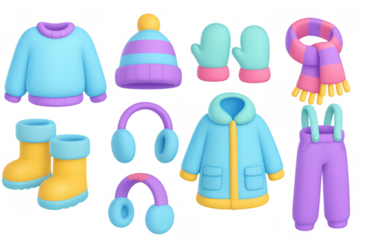 Colorful 3d winter clothing collection: jackets, hats, and accessories