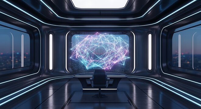 Futuristic command center with digital interface for strategy analysis