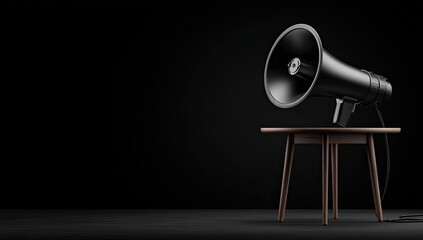 Black megaphone on a wooden table against a dark background