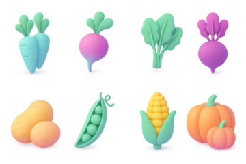 Colorful collection of 3d vegetables with trendy gradient style