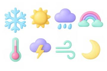 Colorful 3d weather icons: sun, cloud, rainbow, and more in pastel
