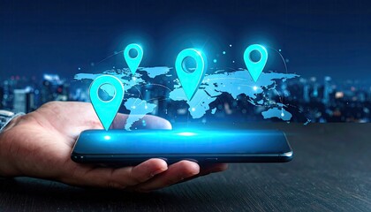 Hand Holding Smartphone Displaying Global Map with Cyan Location Pins