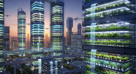 Obraz premium Futuristic Cityscape with Vertical Farms and Modern Architecture.