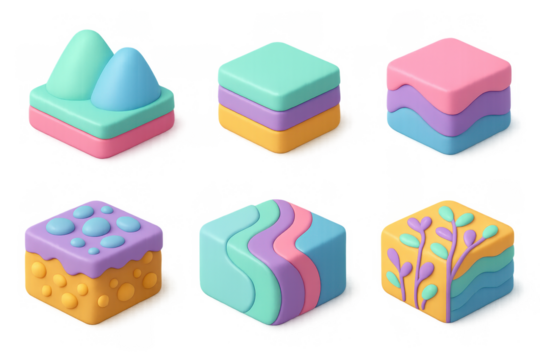 Colorful 3d geometric shapes with textured layers and patterns