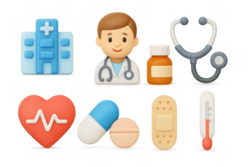 3d medical icons set with doctor, hospital, and health elements