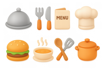 3d kitchen icon set: dining and cooking essentials with chef hat and utensils