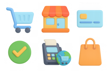 Colorful 3d shopping and retail icons with cart, store, payments, and bag