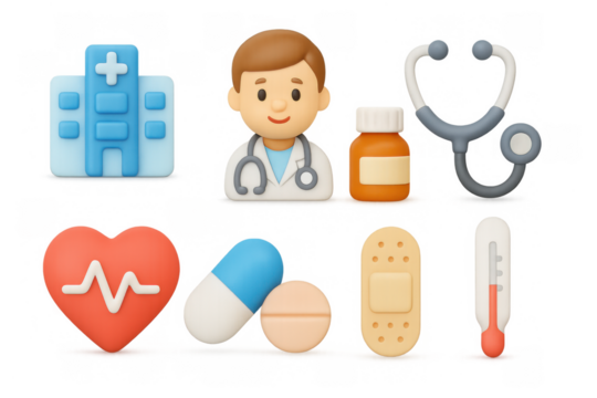 3d medical icons set with doctor, hospital, and health elements