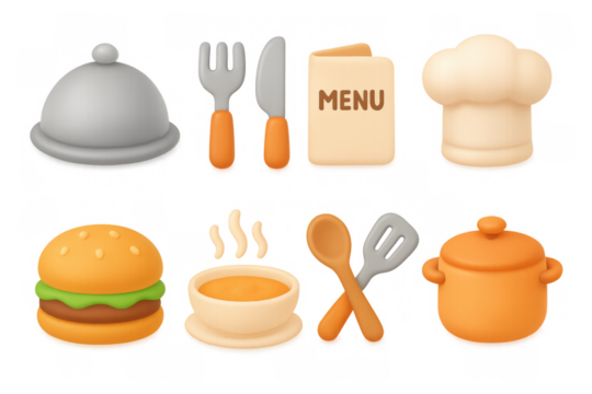 3d kitchen icon set: dining and cooking essentials with chef hat and utensils