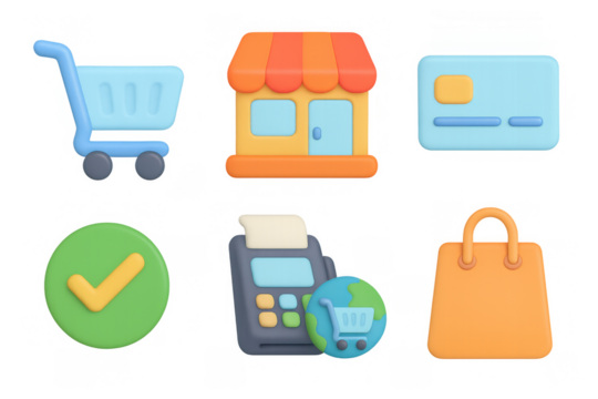 Colorful 3d shopping and retail icons with cart, store, payments, and bag