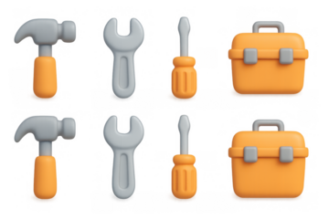3d collection of tool icons with hammer, wrench, screwdriver, toolbox