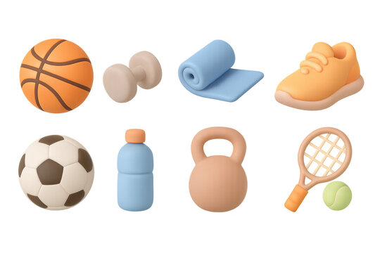 3d fitness equipment icons including basketball, dumbbell, and yoga mat - Powered by Adobe