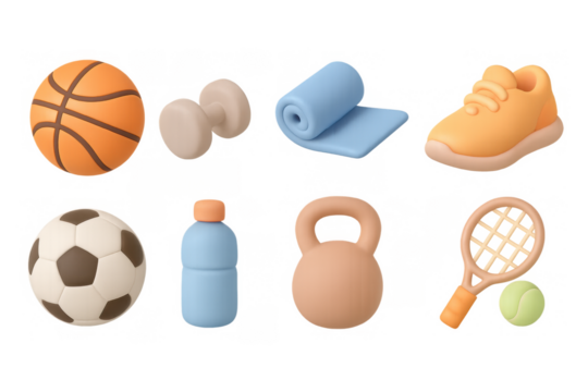 3d fitness equipment icons including basketball, dumbbell, and yoga mat