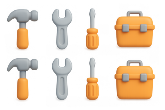 3d collection of tool icons with hammer, wrench, screwdriver, toolbox