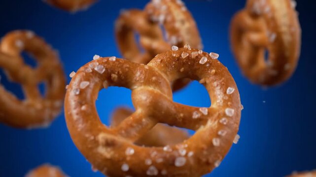 Pretzels With Salt Spin and Fall Against Blue Background in Studio at Daytime