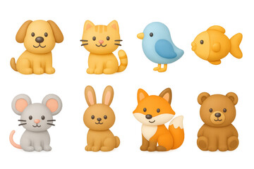Obraz premium Cute cartoon animals in soft colors: dog, cat, bird, fish, mouse, rabbit, fox, bear