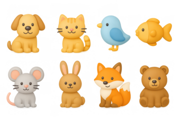 Cute cartoon animals in soft colors: dog, cat, bird, fish, mouse, rabbit, fox, bear