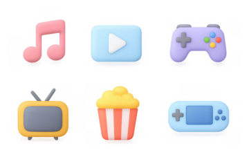 Colorful 3d icons of entertainment and media elements in pastel hues