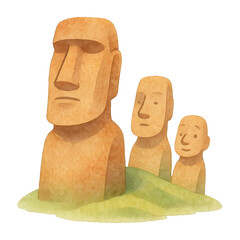PNG Watercolor Moai statues illustration.