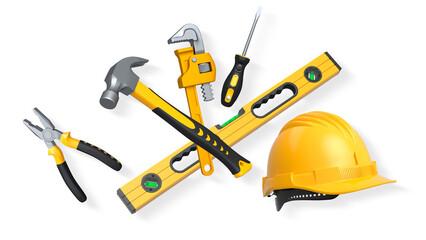 Collection of construction tools, helmets, and safety gear on white background, symbolizing work safety and building industry