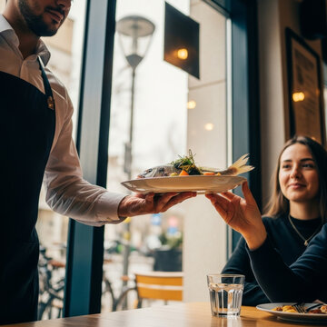 Un serveur souriant apporte un plat raffin&eacute; &agrave; une cliente dans un restaurant moderne et lumineux
