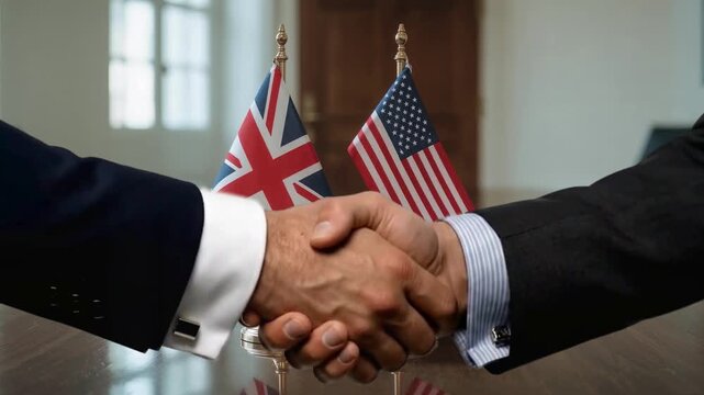 Business handshake between UK and US representatives symbolizing partnership, agreement, or deal in professional setting with flags
