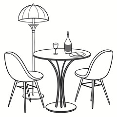 A minimalist line drawing of a small outdoor dining set with two chairs a round table a wine bottle and a glass