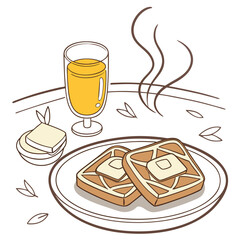 A warm and inviting illustration of buttered toast with a glass of orange juice and steam rising