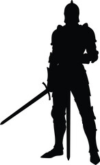 Silhouette of armored warrior with sword standing on white background