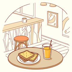 Cozy cafe scene with toast and orange juice on a table and a stool at the counter