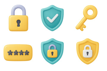 3d security icons set featuring lock, key, and shield with checkmark
