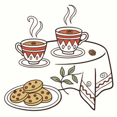 Cozy scene with two steaming cups of coffee and a plate of cookies on a tablecloth