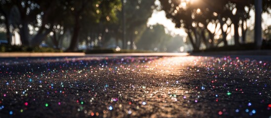 Glittering road reflects sunrise near blurred trees; perspective from ground