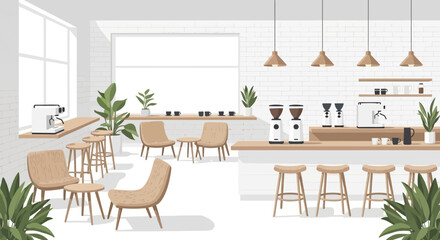 Fototapeta premium Charming Cafe Interior with Cozy Seating and Modern Coffee Equipment