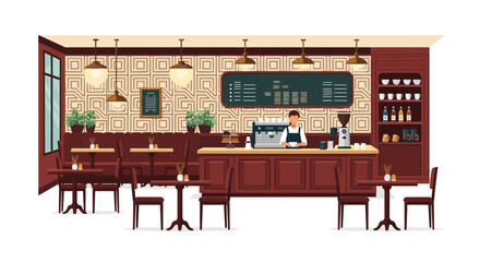 Charming coffee shop illustration with barista and seating area, relaxing vibe