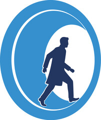 Silhouette of person walking inside a blue circle graphic