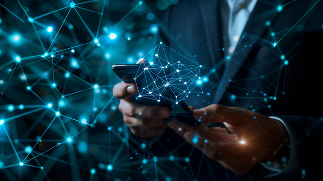 Businessman using mobile smart phone. Business global internet connection application technology and digital marketing, Financial and banking, Digital link tech, big data