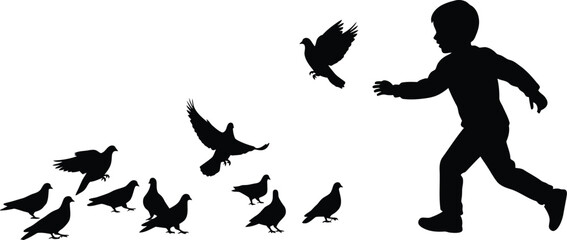 Silhouette of a Child Chasing Pigeons in Flight