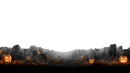 Spooky graveyard background with pumpkin lanterns, bats in fog, isolated on white background