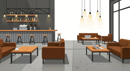 Contemporary cafe interior with workspace, bar, and relaxed lounge areas