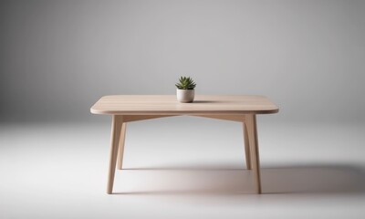 Light wood rectangular coffee table, simple design, small plant